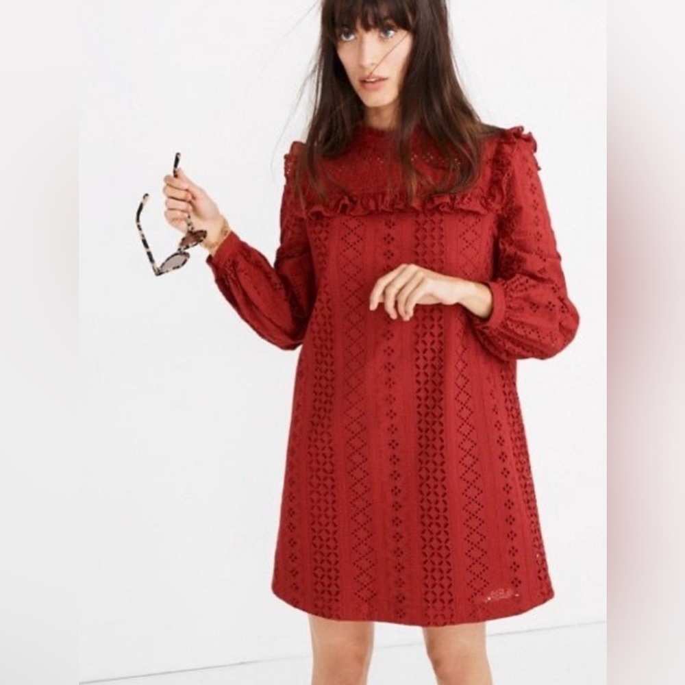 Madewell Eyelet Mockneck Ruffle Mini Dress In Burgundy Red Size S
